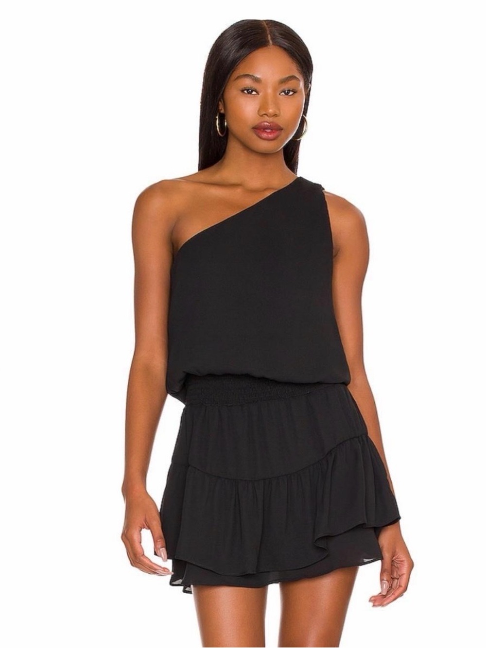 KRISA Chiffon One-Shoulder Tiered Mini Dress - Black